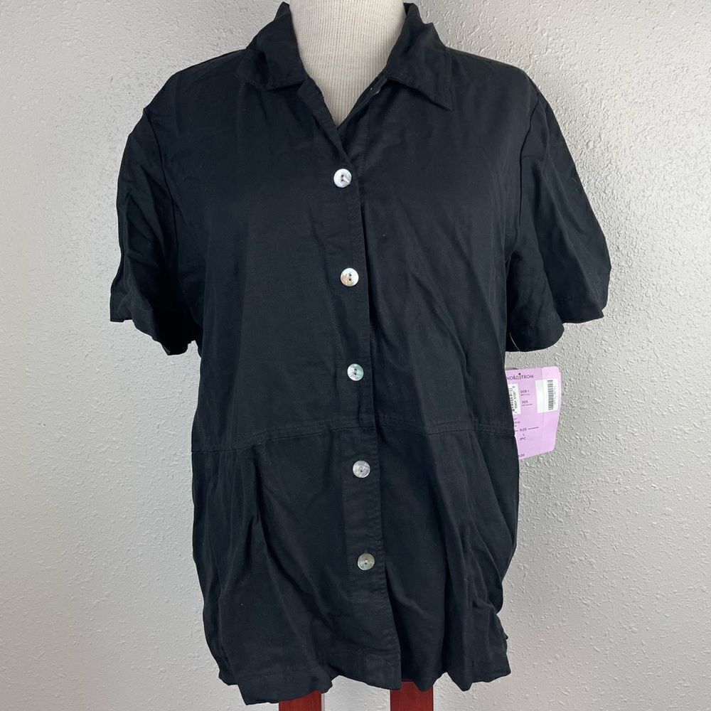 NWT AKS Black Linen Blend Button Down Shirt Size L